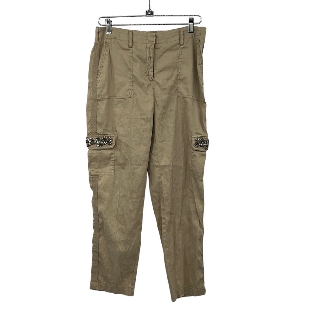 Chico’s Cargo Pants Womens 0.5 US 6 Tan Brooch Stone‎ Pocket Jogger Embellished